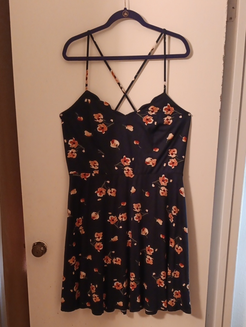 Navy Floral Strappy Mini Dress with Peach Blooms